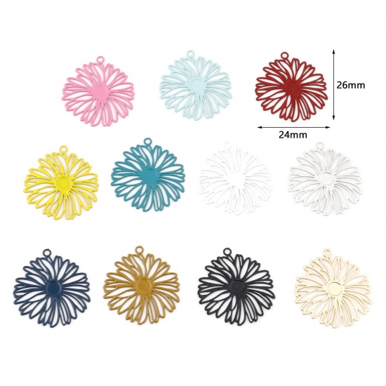 Picture of Iron Based Alloy Filigree Stamping Charms Multicolor Daisy Flower Painted 26mm x 24mm, 20 PCs