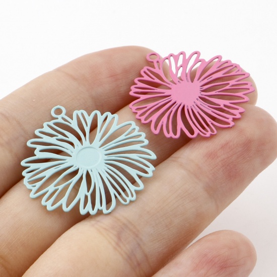 Picture of Iron Based Alloy Filigree Stamping Charms Multicolor Daisy Flower Painted 26mm x 24mm, 20 PCs