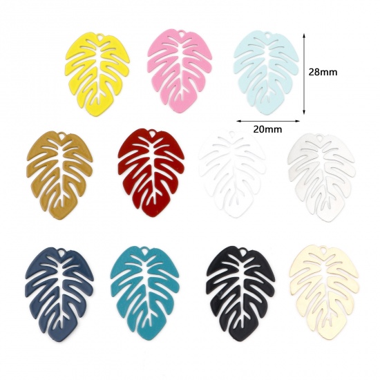 Picture of Iron Based Alloy Filigree Stamping Charms Multicolor Monstera Leaf Painted 28mm x 20mm, 20 PCs