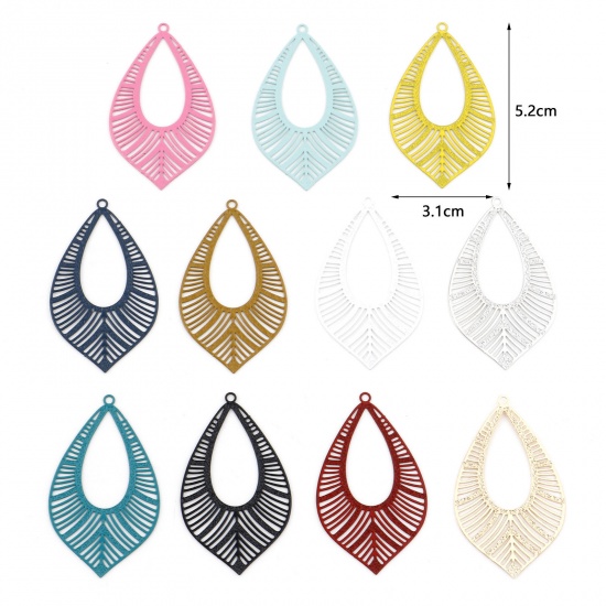 Picture of Iron Based Alloy Filigree Stamping Pendants Multicolor Drop Leaf Painted 5.2cm x 3.1cm, 10 PCs