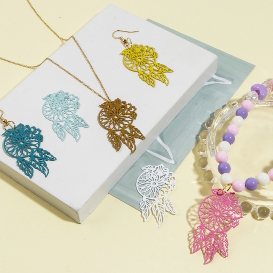 Picture of Iron Based Alloy Filigree Stamping Pendants Multicolor Dream Catcher Flower Painted 4.5cm x 2.6cm, 10 PCs