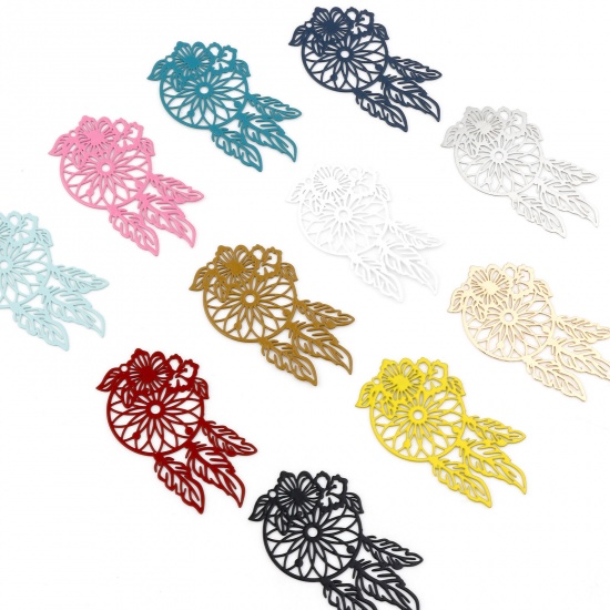 Picture of Iron Based Alloy Filigree Stamping Pendants Multicolor Dream Catcher Flower Painted 4.5cm x 2.6cm, 10 PCs