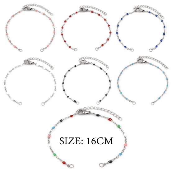 Picture of 304 Stainless Steel Link Cable Chain Semi-finished Bracelets For DIY Handmade Jewelry Making Silver Tone Multicolor Enamel 16cm(6 2/8") long