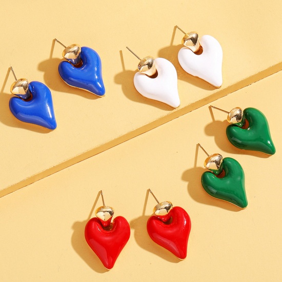 Immagine di Stile Ins Orecchini a Perno Oro Placcato Multicolore Cuore Smalto 2.6cm x 1.8cm, 1 Paio