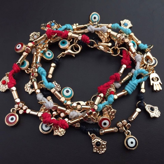 Picture of Ethnic Braided Bracelets Gold Plated Multicolor Evil Eye Hamsa Symbol Hand 18cm(7 1/8") long