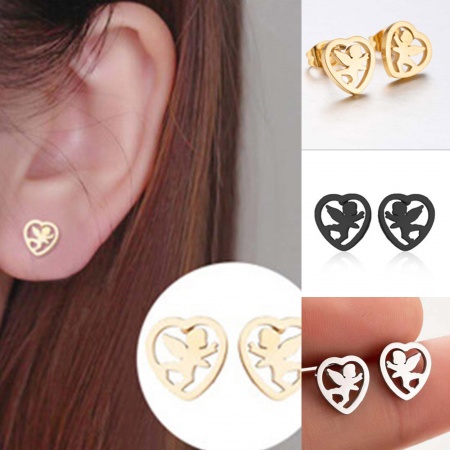 Stainless Steel Stylish Ear Post Stud Earrings Multicolor Heart Angel Hollow 10mm x 9mm