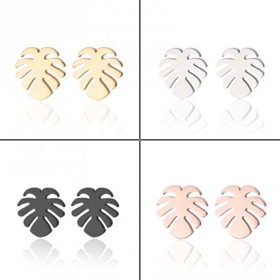 Picture of Stainless Steel Stylish Ear Post Stud Earrings Multicolor Monstera Leaf 10mm x 9mm