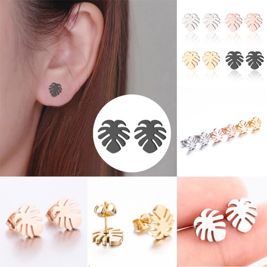 Imagen de Elegante Pendientes de Poste de Oreja Al Por Mayor, Hoja de Monstera Multicolor Acero Inoxidable, Mujeres Regalo Suministro de Joyería, 10mm x 9mm, Tamaño del Poste/Cable: 1mm(18 gauge), 4 Pares