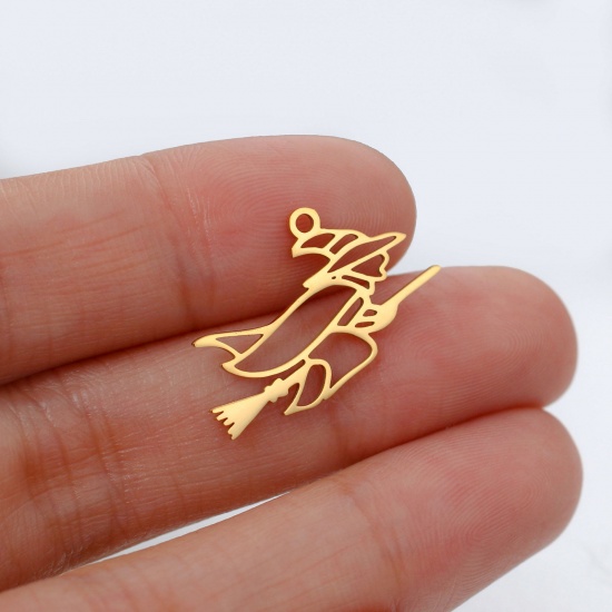 304ステンレス鋼 チャーム ほうき 多色 ハロウィン魔女 透かし 18.5mm x 15mm、 5 個 の画像