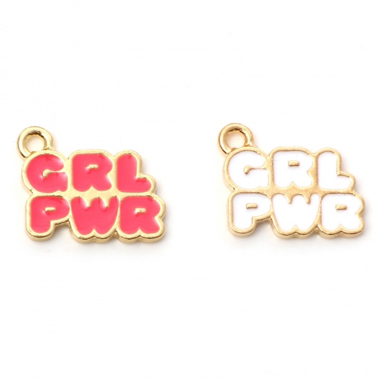 Image de Breloques en Alliage de Zinc Doré Multicolore Message" GRL PWR " Émail 18mm x 15mm, 10 Pcs