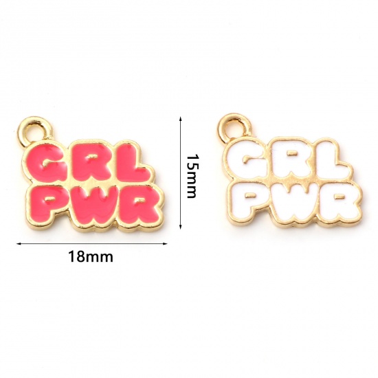 Image de Breloques en Alliage de Zinc Doré Multicolore Message" GRL PWR " Émail 18mm x 15mm, 10 Pcs