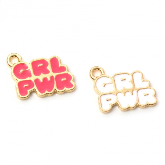 Image de Breloques en Alliage de Zinc Doré Multicolore Message" GRL PWR " Émail 18mm x 15mm, 10 Pcs