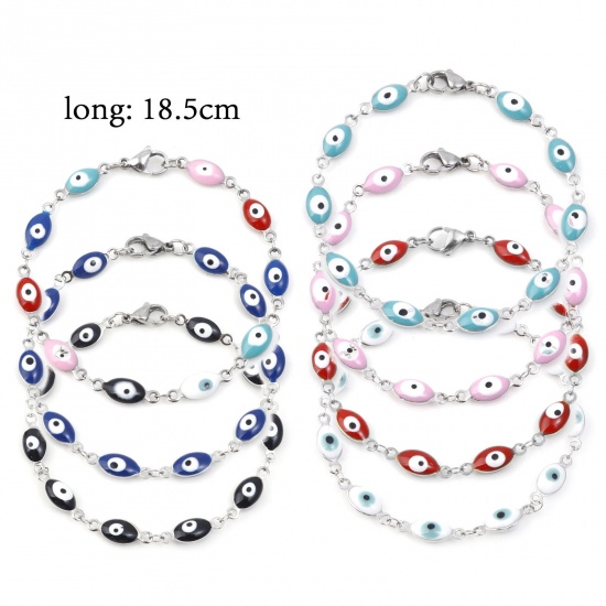 Immagine di 304 Acciaio Inossidabile Religione Braccialetti Tono Argento Multicolore Malocchio Smalto 18.5cm Lunghezza, 1 Pz