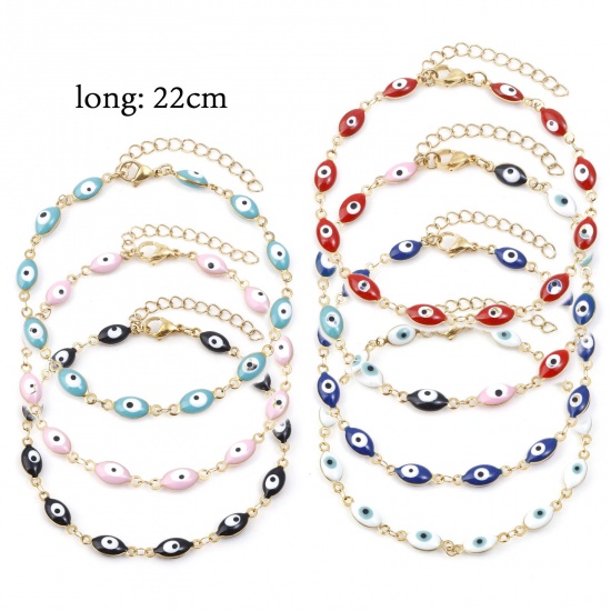 Picture of 1 Piece Vacuum Plating 304 Stainless Steel Religious Anklet Gold Plated Multicolor Enamel Evil Eye 22cm(8 5/8") long