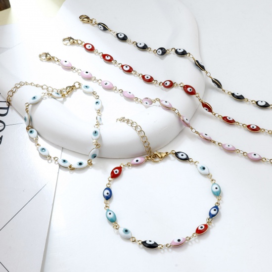 Picture of 1 Piece Vacuum Plating 304 Stainless Steel Religious Anklet Gold Plated Multicolor Enamel Evil Eye 22cm(8 5/8") long
