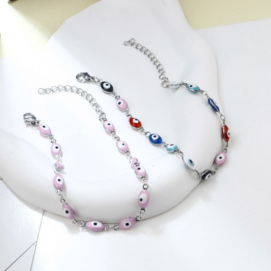 Picture of 304 Stainless Steel Religious Anklet Silver Tone Multicolor Enamel Evil Eye 22cm(8 5/8") long