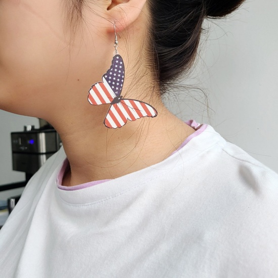 Picture of Acrylic American Independence Day Ear Wire Hook Earrings Silver Tone Multicolor Flag Of The United States