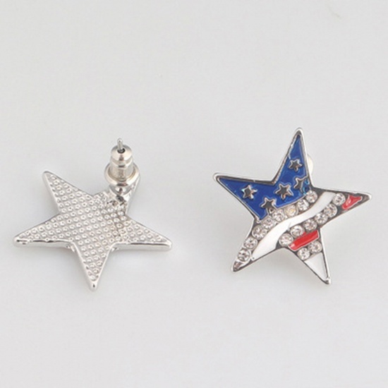 Picture of American Independence Day Ear Wire Hook Earrings Silver Tone Multicolor Flag Of The United States Enamel