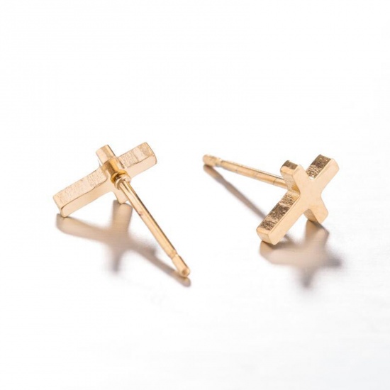 Picture of Stainless Steel Stylish Ear Post Stud Earrings Multicolor Cross 8mm x 5mm