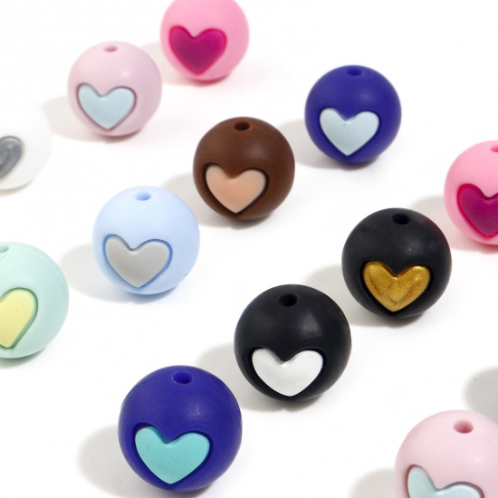 Immagine di Silicone San Valentino Separatori Perline Tondo Multicolore Cuore Disegno Circa 15mm Dia, Foro: Circa 2.2mm, 5 Pz