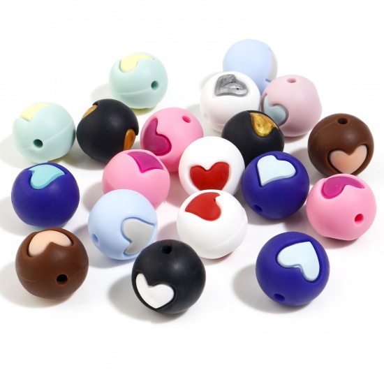 Immagine di Silicone San Valentino Separatori Perline Tondo Multicolore Cuore Disegno Circa 15mm Dia, Foro: Circa 2.2mm, 5 Pz