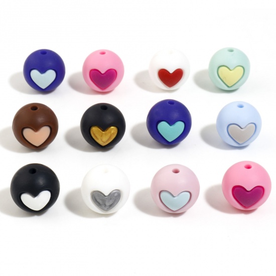 Immagine di Silicone San Valentino Separatori Perline Tondo Multicolore Cuore Disegno Circa 15mm Dia, Foro: Circa 2.2mm, 5 Pz