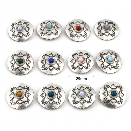 Picture of Zinc Based Alloy & Resin Boho Chic Bohemia Metal Sewing Shank Buttons Two Holes Round Antique Silver Color Multicolor 29mm Dia.