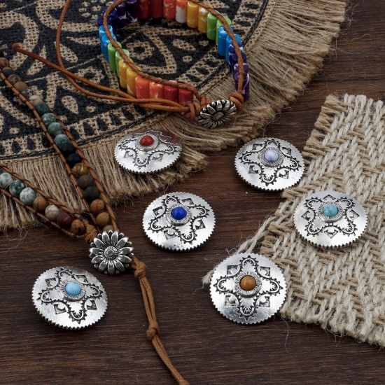 Picture of Zinc Based Alloy & Resin Boho Chic Bohemia Metal Sewing Shank Buttons Two Holes Round Antique Silver Color Multicolor 29mm Dia.