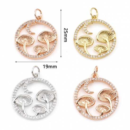 Picture of Brass Micro Pave Charms Multicolor Round Mushroom Hollow Clear Cubic Zirconia 25mm x 19mm                                                                                                                                                                     