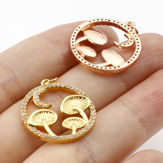 Picture of Brass Micro Pave Charms Multicolor Round Mushroom Hollow Clear Cubic Zirconia 25mm x 19mm                                                                                                                                                                     