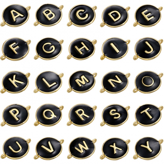 Picture of Brass Connectors Gold Plated Black & White Round Initial Alphabet/ Capital Letter Message " A-Z " Enamel 18mm x 13mm                                                                                                                                          