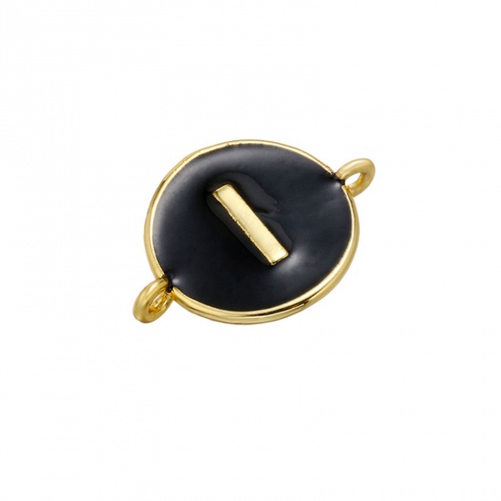 Picture of Brass Connectors Gold Plated Black & White Round Initial Alphabet/ Capital Letter Message " A-Z " Enamel 18mm x 13mm                                                                                                                                          