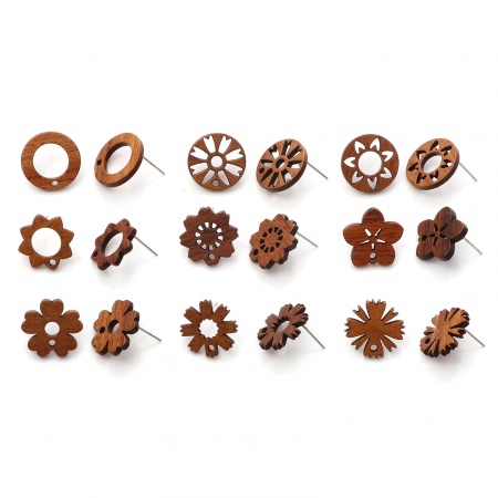 Natural Wood Ear Post Stud Earrings Findings Round Brown Flower W/ Loop