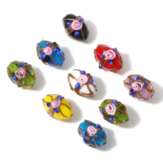 Picture of Lampwork Glass Beads Oval Multicolor Flower About 17mm x 13mm
