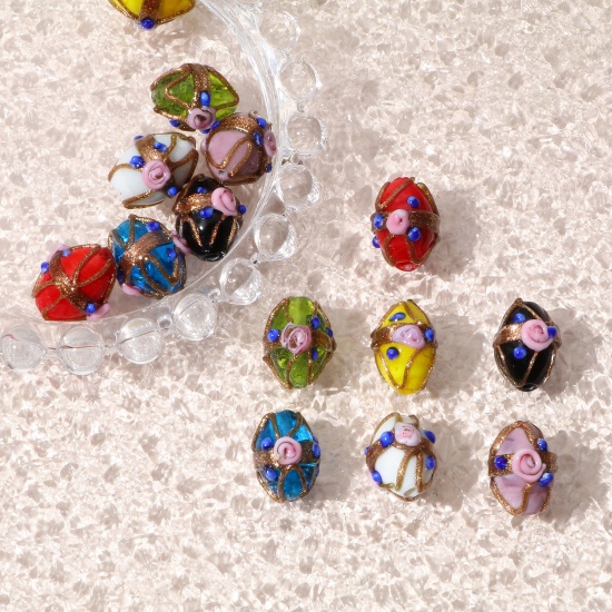 Picture of Lampwork Glass Beads Oval Multicolor Flower About 17mm x 13mm