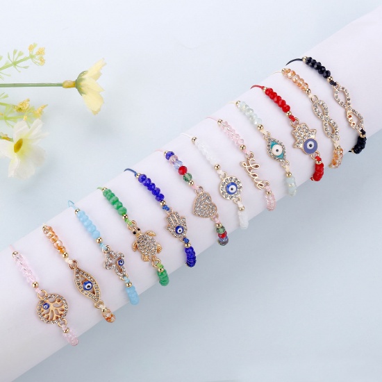 Picture of Polyester Stylish Braided Bracelets Gold Plated Multicolor Beaded Clear Rhinestone 16cm-20cm long