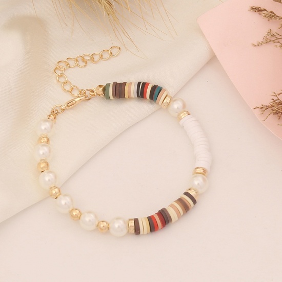 Image de Bracelets Raffinés Bracelets Délicats Bracelet de Perles Style Bohème en Pâte Polymère & Acrylique Doré Multicolore Imitation Perles 18cm long, 1 Pièce
