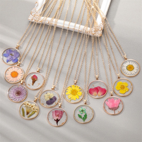Picture of Resin & Real Dried Flower Birth Month Flower Necklace Gold Plated Multicolor Round 45cm(17 6/8") long