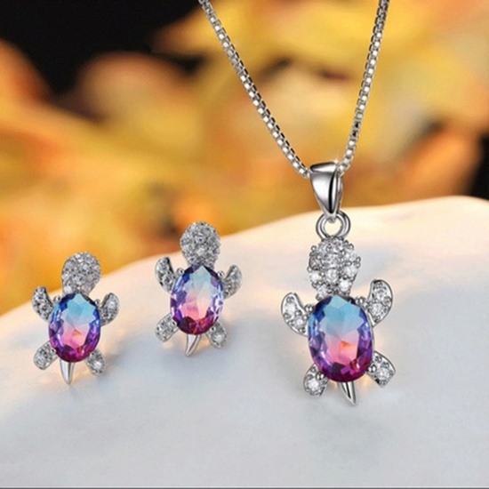 Picture of Ocean Jewelry Necklace Silver Tone Multicolor Tortoise Animal Clear Rhinestone Imitation Crystal 45cm(17 6/8") long