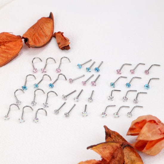 Picture of 304 Stainless Steel Nose Studs Body Piercing Jewelry Silver Tone Multicolor Rhinestone