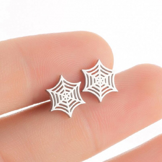 Image de Boucles d'Oreilles Puces en Acier Titane Halloween Multicolore Halloween Toile d'Araignée Creux 9mm x 9mm , 3 Paires
