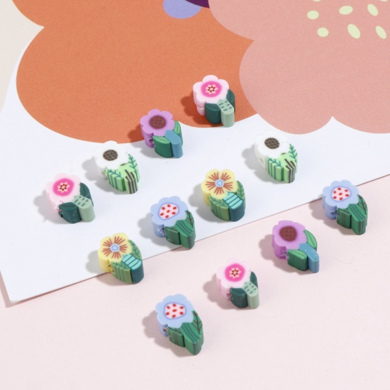 Picture of Polymer Clay Beads Flower Leaves Multicolor About 12mm x 8mm