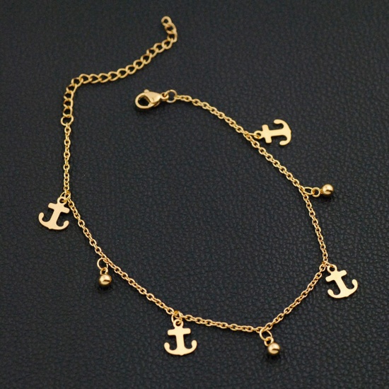 Picture of Stainless Steel Link Cable Chain Anklet Gold Plated Clear Cubic Zirconia 21cm(8 2/8") long