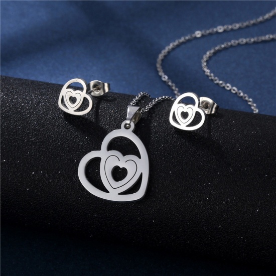 Picture of Stainless Steel Ins Style Jewelry Necklace Earrings Set Silver Tone Hollow 1 Set