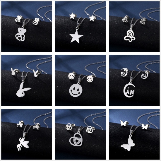 Picture of Wholesale Hollow Jewelry Necklace Earrings Set, Silver Tone Stainless Steel Women's Ins Style Stylish Gift Jewelry For Retailer, 1 Set
