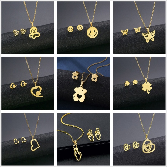 Picture of Stainless Steel Ins Style Jewelry Necklace Earrings Set Gold Plated Hollow 1 Set