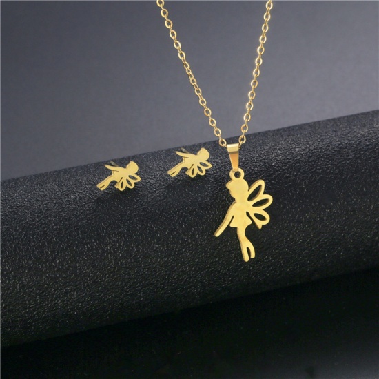 Picture of Stainless Steel Ins Style Jewelry Necklace Earrings Set Gold Plated Hollow 1 Set