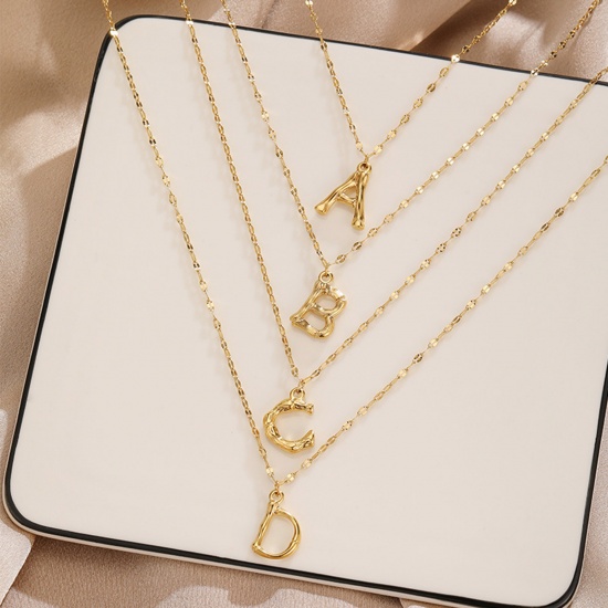 Picture of Eco-friendly Simple & Casual Stylish 18K Gold Plated 304 Stainless Steel Rolo Chain Bamboo-shaped Initial Alphabet/ Capital Letter Message " A-Z " Pendant Necklace For Women Mother's Day 40cm(15 6/8") long