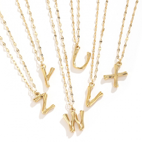 Picture of Eco-friendly Simple & Casual Stylish 18K Gold Plated 304 Stainless Steel Rolo Chain Bamboo-shaped Initial Alphabet/ Capital Letter Message " A-Z " Pendant Necklace For Women Mother's Day 40cm(15 6/8") long