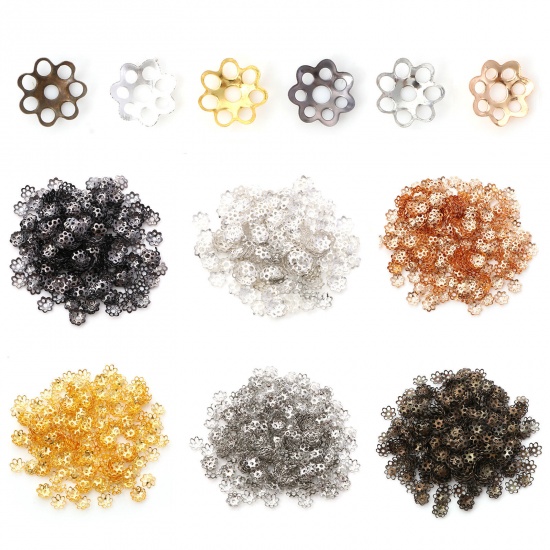 Bild von Eisenlegierung Perlkappen Blumen Bunt Hohl (für Perlengröße: 8mm D.) 6mm x 6mm, 600 Stück